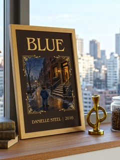 Blue Classic Book Art Print by Danielle Steel – framed print on a city-view windowsill