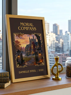 Moral Compass Classic Book Art Print by Danielle Steel – framed print on a city-view windowsill