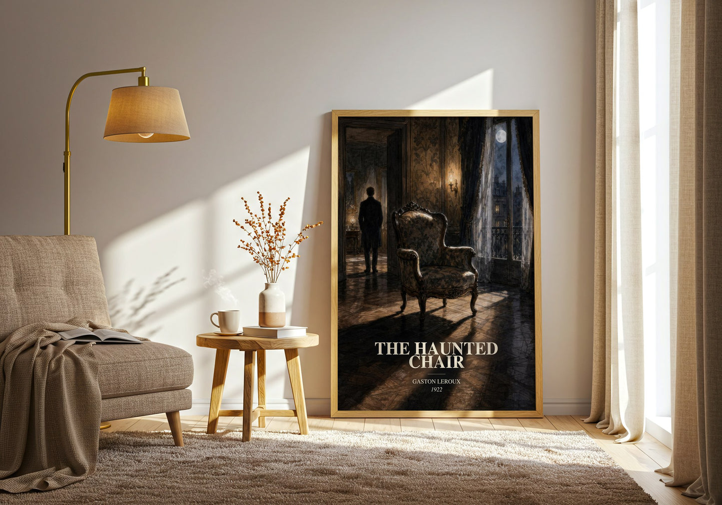 The Haunted Chair watercolour print in frame leaning in hallway – mystery wall art