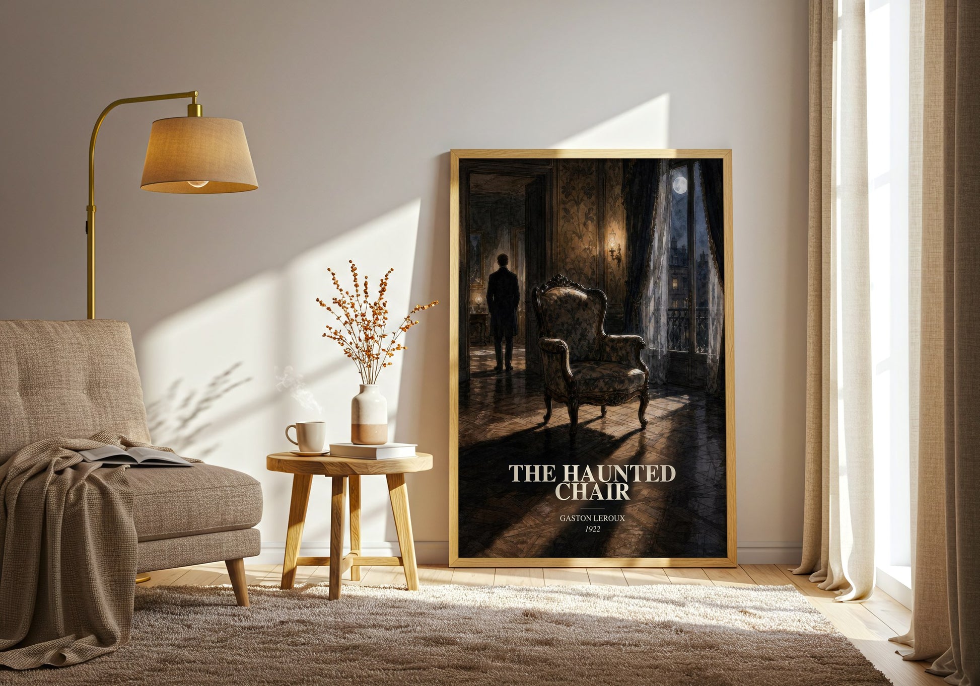The Haunted Chair watercolour print in frame leaning in hallway – mystery wall art