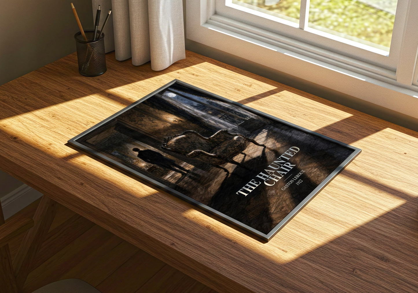 The Haunted Chair watercolour book poster framed on wall – mystery wall art