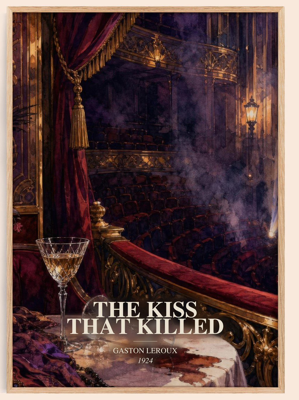 The Kiss That Killed watercolour book poster by Gaston Leroux – framed literary art print