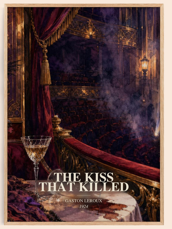 The Kiss That Killed watercolour book poster by Gaston Leroux – framed literary art print