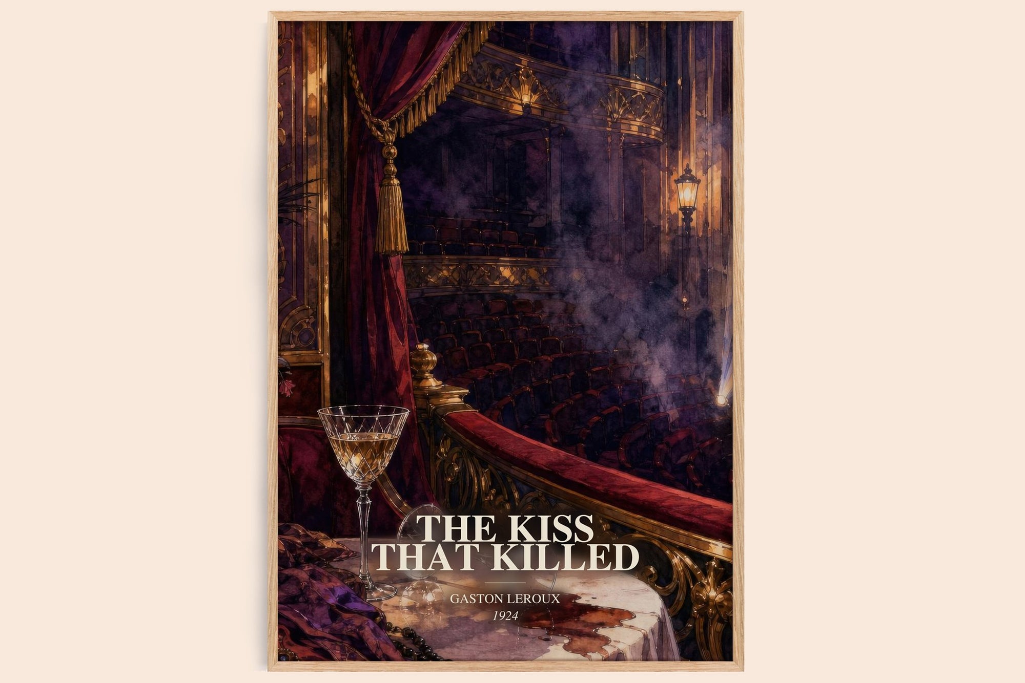 The Kiss That Killed watercolour book poster by Gaston Leroux – framed literary art print