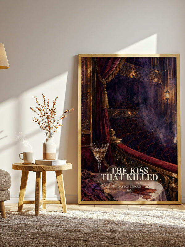 The Kiss That Killed watercolour print in frame leaning in hallway – mystery wall art