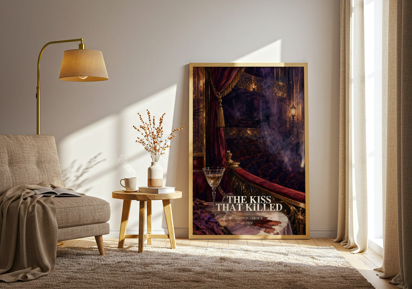 The Kiss That Killed watercolour print in frame leaning in hallway – mystery wall art
