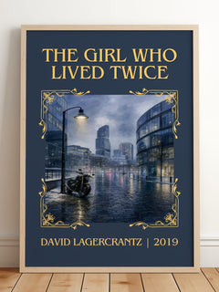 The Girl Who Lived Twice Classic Book Art Print by David Lagercrantz – framed print leaning on a wooden floor