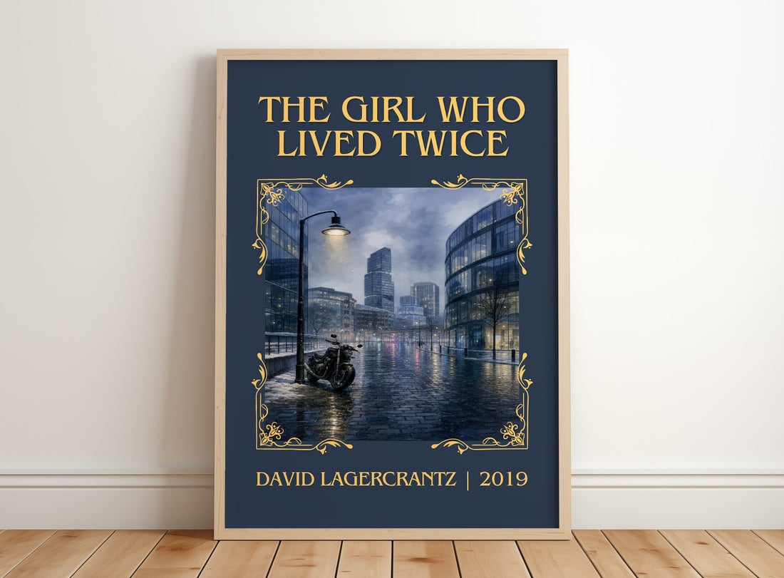 The Girl Who Lived Twice Classic Book Art Print by David Lagercrantz – framed print leaning on a wooden floor