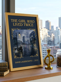 The Girl Who Lived Twice Classic Book Art Print by David Lagercrantz – framed print on a city-view windowsill
