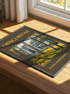 Obscuritas Classic Book Art Print by David Lagercrantz – print on a sunlit desk