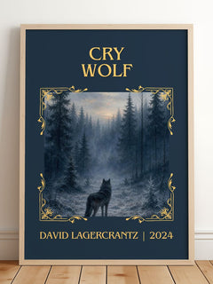 Cry Wolf Classic Book Art Print by David Lagercrantz – framed print leaning on a wooden floor