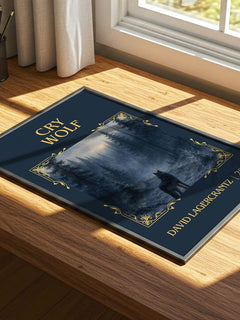 Cry Wolf Classic Book Art Print by David Lagercrantz – print on a sunlit desk