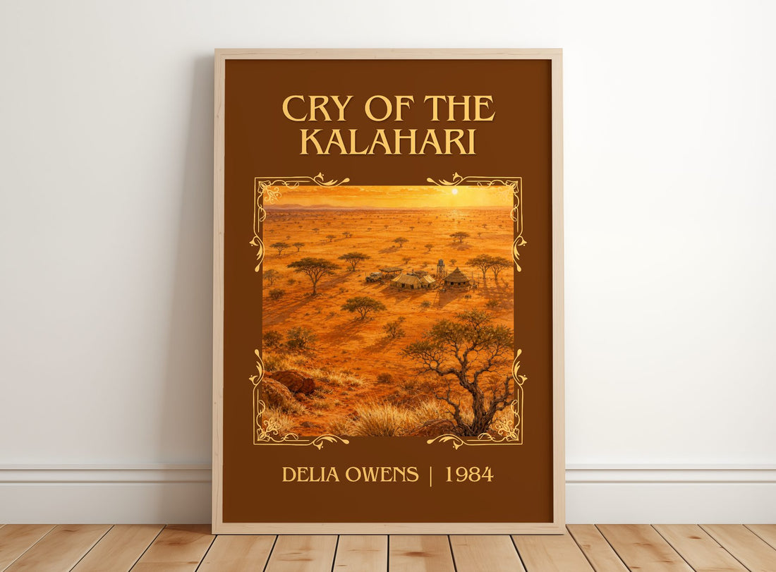 Cry Of The Kalahari Classic Book Art Print by Delia Owens – framed print leaning on a wooden floor