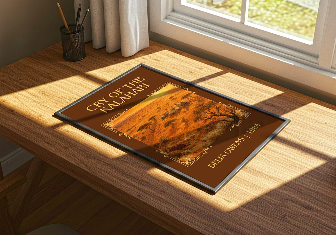 Cry Of The Kalahari Classic Book Art Print by Delia Owens – print on a sunlit desk