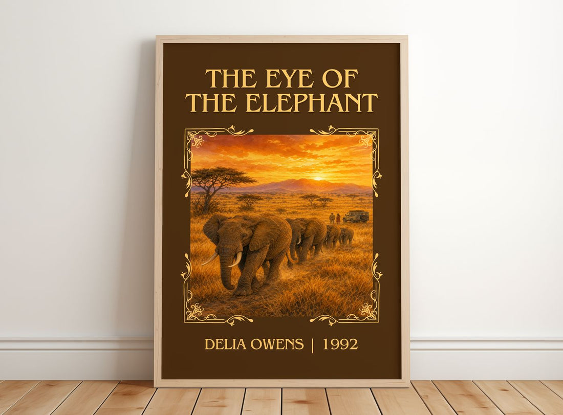 The Eye Of The Elephant Classic Book Art Print by Delia Owens – framed print leaning on a wooden floor