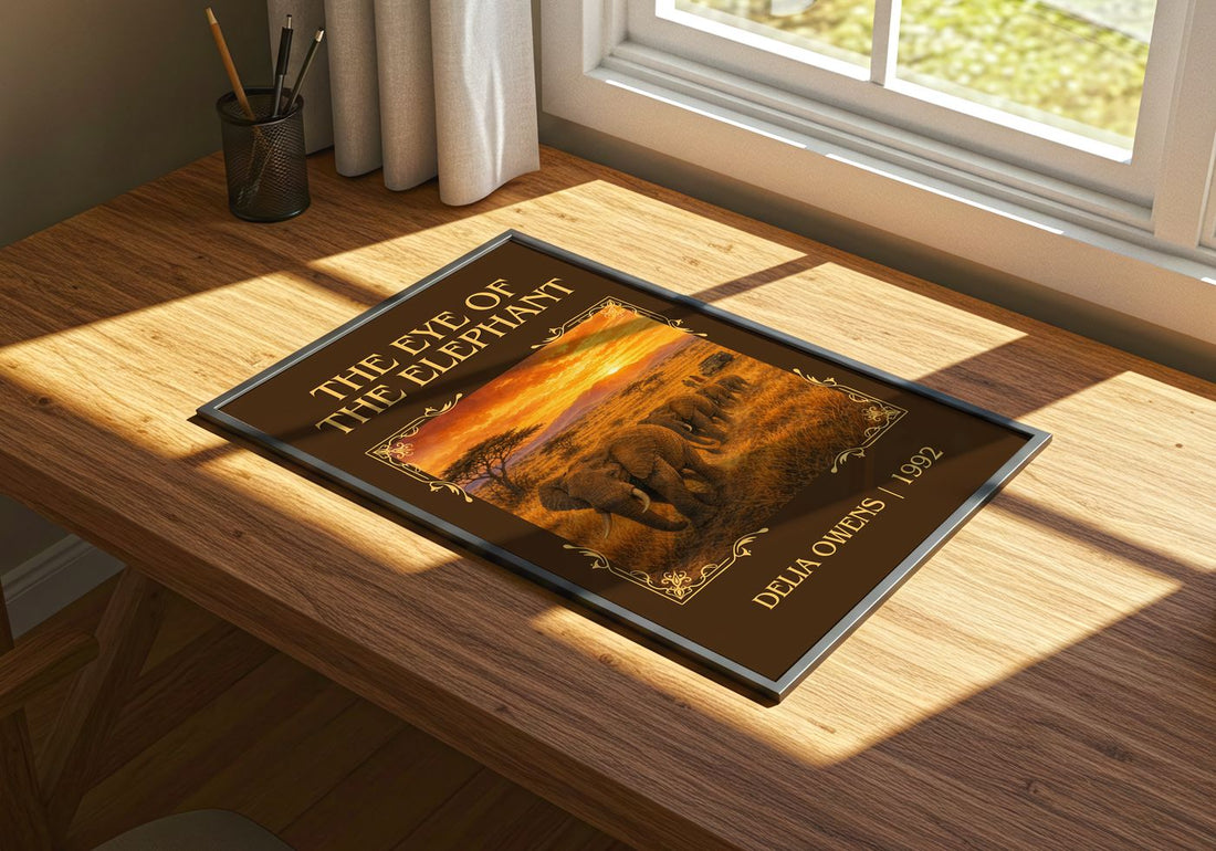 The Eye Of The Elephant Classic Book Art Print by Delia Owens – print on a sunlit desk