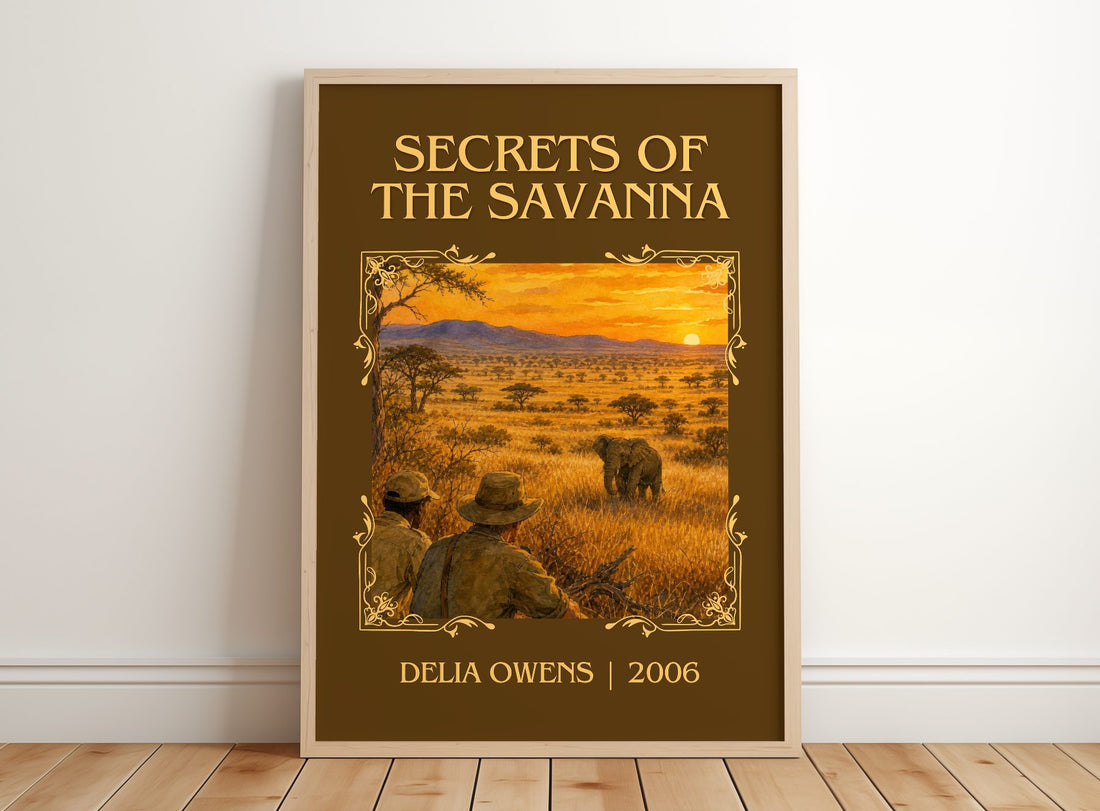 Secrets Of The Savanna Classic Book Art Print by Delia Owens – framed print leaning on a wooden floor
