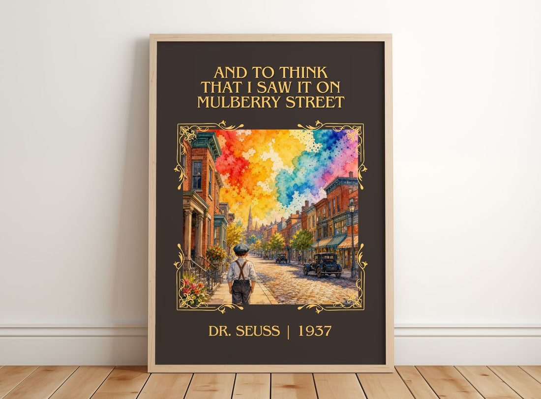 And To Think That I Saw It On Mulberry Street Classic Book Art Print – framed print leaning on a wooden floor