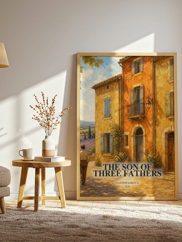 The Son Of Three Fathers watercolour print in frame leaning in hallway – mystery wall art
