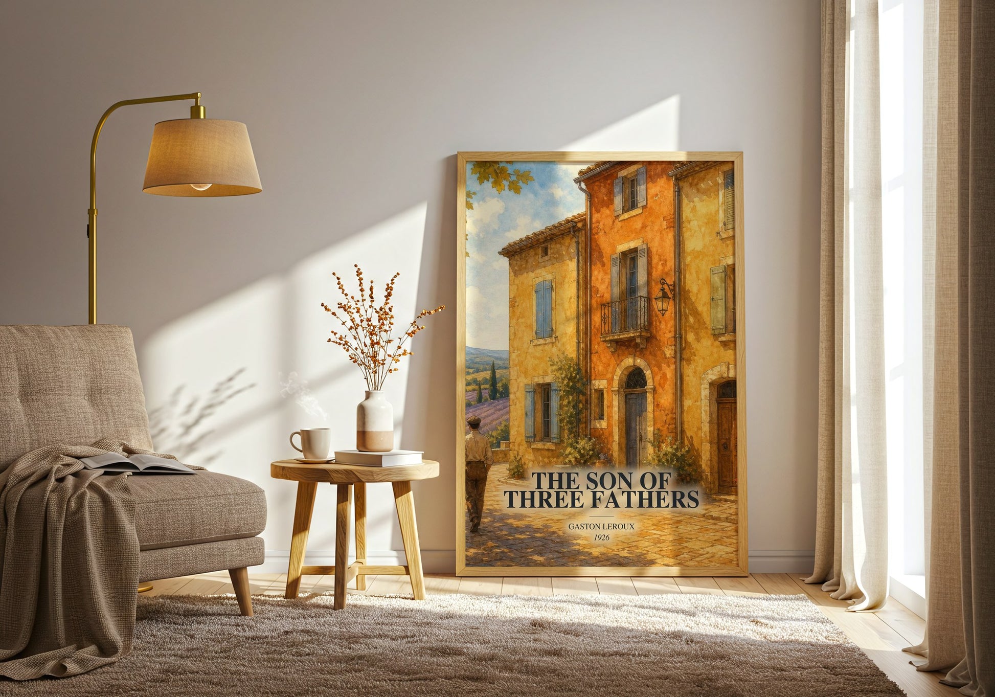 The Son Of Three Fathers watercolour print in frame leaning in hallway – mystery wall art