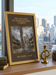 500 Hats Of Bartholomew Cubbins Classic Book Art Print by Dr. Seuss – framed print on a city-view windowsill