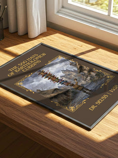 500 Hats Of Bartholomew Cubbins Classic Book Art Print by Dr. Seuss – print on a sunlit desk