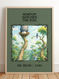 Horton Hatches The Egg Classic Book Art Print by Dr. Seuss – framed print leaning on a wooden floor