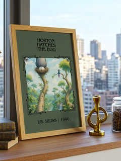 Horton Hatches The Egg Classic Book Art Print by Dr. Seuss – framed print on a city-view windowsill