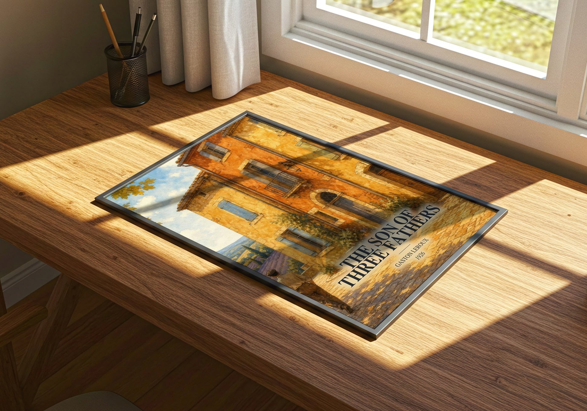 The Son Of Three Fathers watercolour book poster framed on wall – mystery wall art