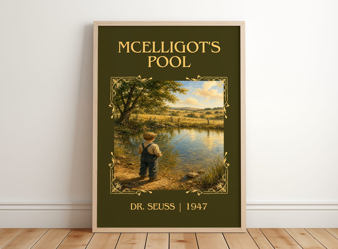 Mcelligot'S Pool Classic Book Art Print by Dr. Seuss – framed print leaning on a wooden floor