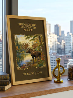 Thidwick The Big-Hearted Moose Classic Book Art Print by Dr. Seuss – framed print on a city-view windowsill