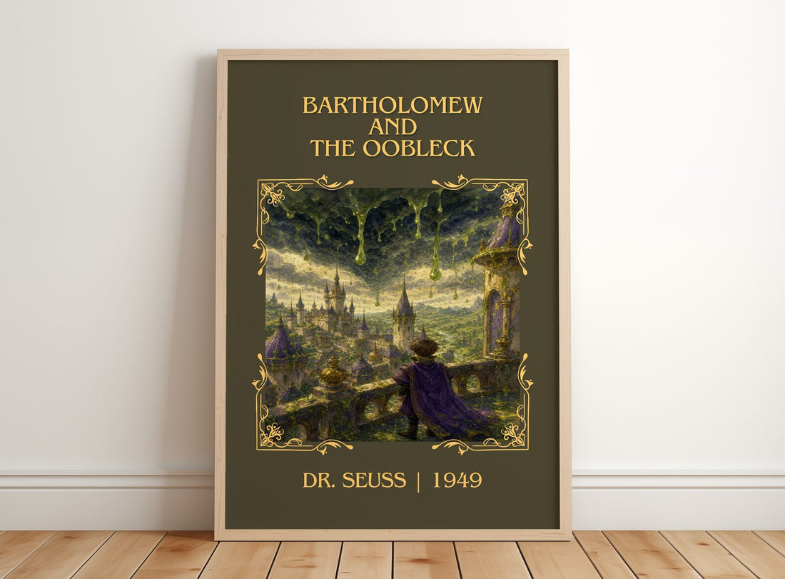 Bartholomew And The Oobleck Classic Book Art Print by Dr. Seuss – framed print leaning on a wooden floor