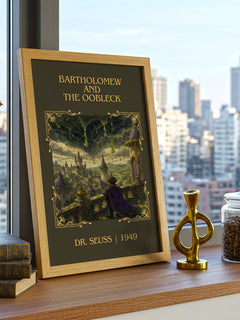 Bartholomew And The Oobleck Classic Book Art Print by Dr. Seuss – framed print on a city-view windowsill