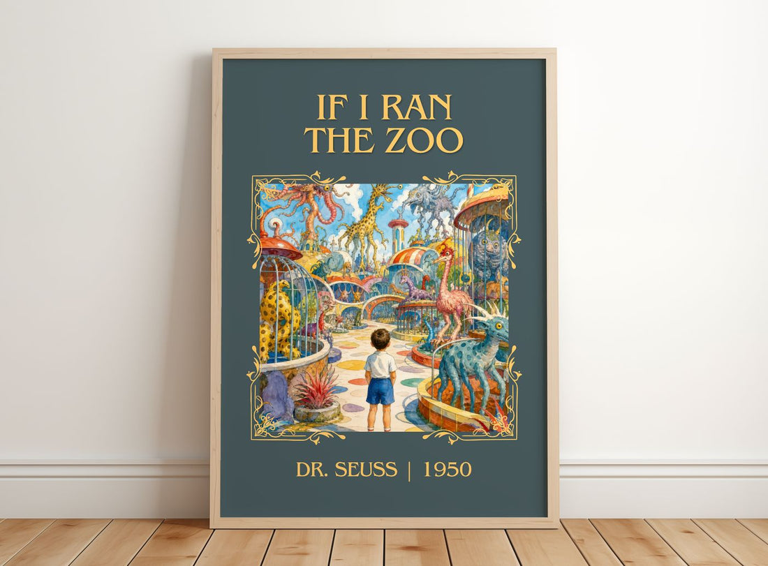 If I Ran The Zoo Classic Book Art Print by Dr. Seuss – framed print leaning on a wooden floor