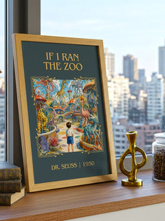 If I Ran The Zoo Classic Book Art Print by Dr. Seuss – framed print on a city-view windowsill