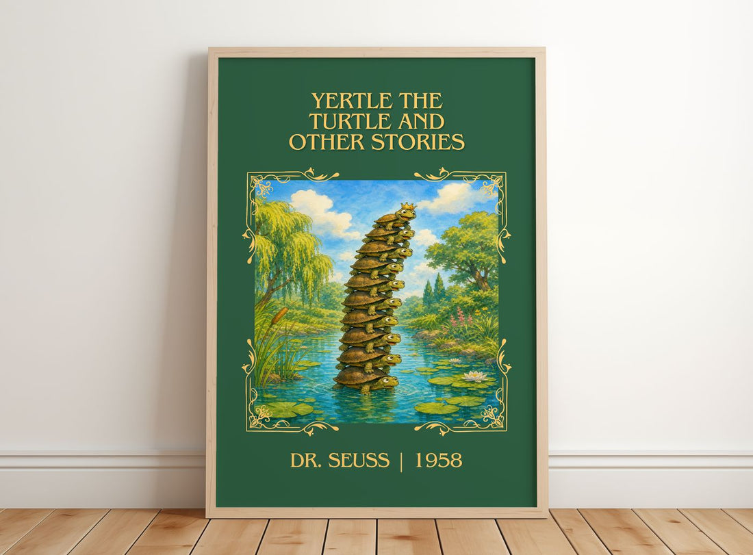 Yertle The Turtle And Other Stories Classic Book Art Print by D. Seuss – framed print leaning on a wooden floor