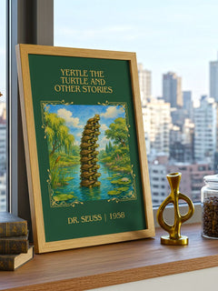 Yertle The Turtle And Other Stories Classic Book Art Print by D. Seuss – framed print on a city-view windowsill