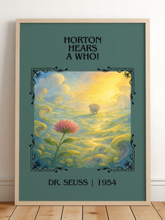 Horton Hears A Who! Classic Book Art Print by Dr. Seuss – framed print leaning on a wooden floor