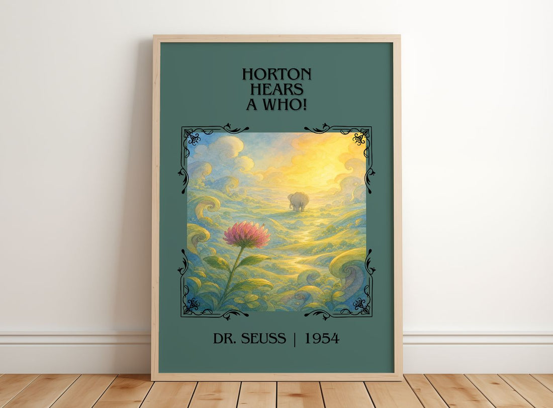 Horton Hears A Who! Classic Book Art Print by Dr. Seuss – framed print leaning on a wooden floor