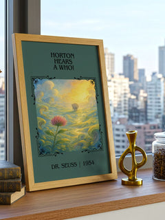 Horton Hears A Who! Classic Book Art Print by Dr. Seuss – framed print on a city-view windowsill