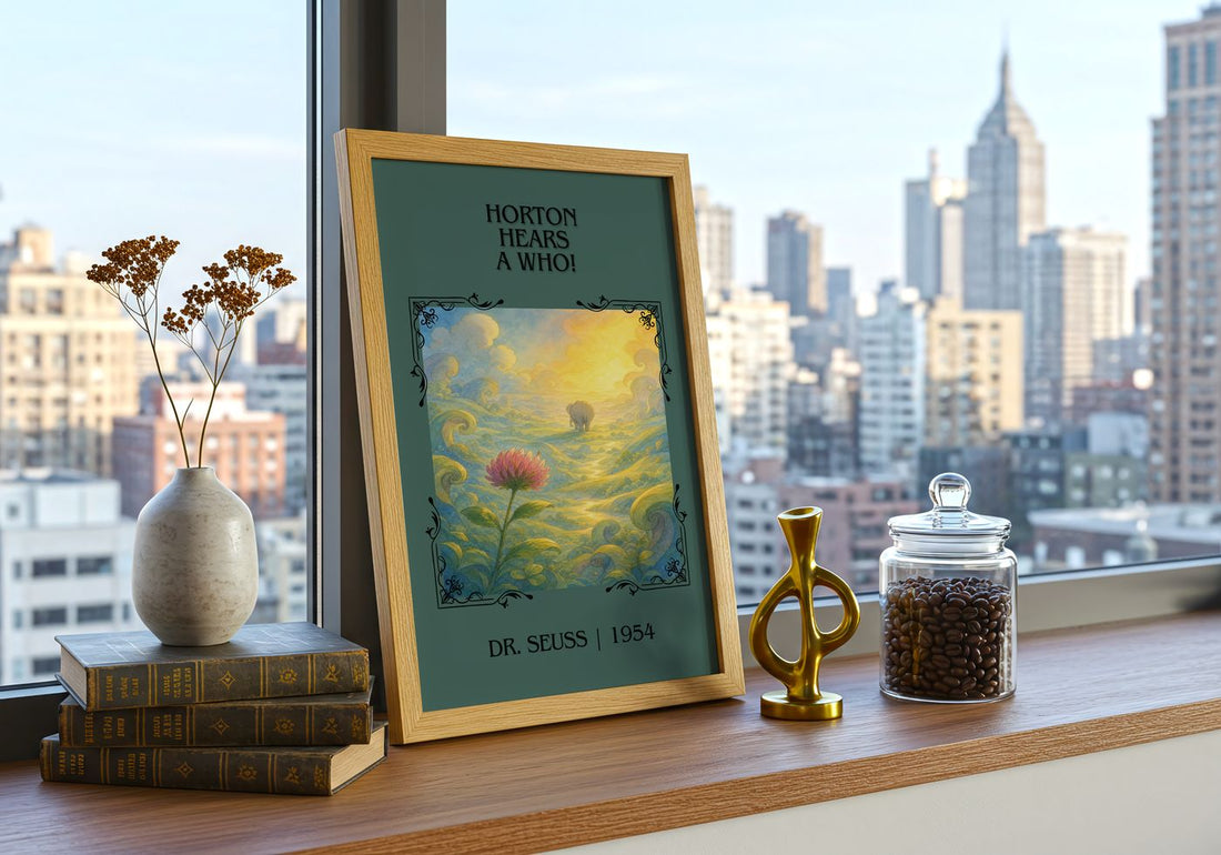 Horton Hears A Who! Classic Book Art Print by Dr. Seuss – framed print on a city-view windowsill