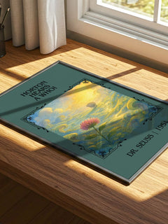 Horton Hears A Who! Classic Book Art Print by Dr. Seuss – print on a sunlit desk
