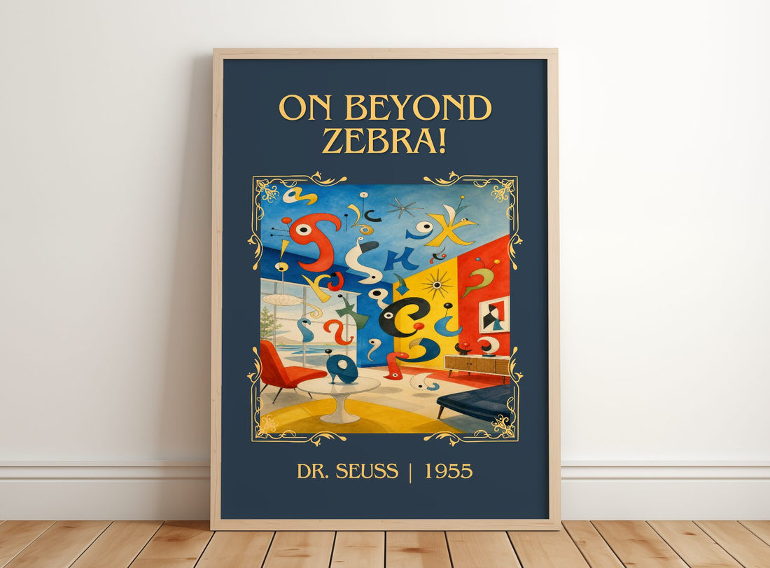On Beyond Zebra! Classic Book Art Print by Dr. Seuss – framed print leaning on a wooden floor