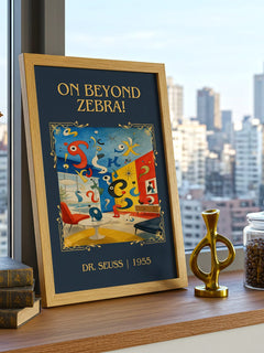 On Beyond Zebra! Classic Book Art Print by Dr. Seuss – framed print on a city-view windowsill
