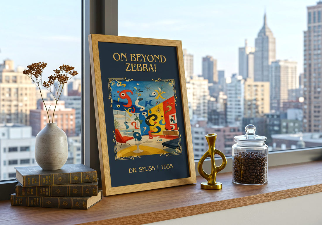 On Beyond Zebra! Classic Book Art Print by Dr. Seuss – framed print on a city-view windowsill