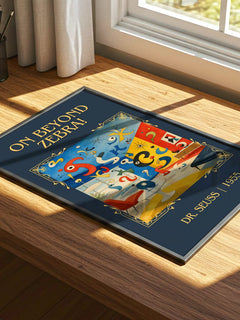 On Beyond Zebra! Classic Book Art Print by Dr. Seuss – print on a sunlit desk