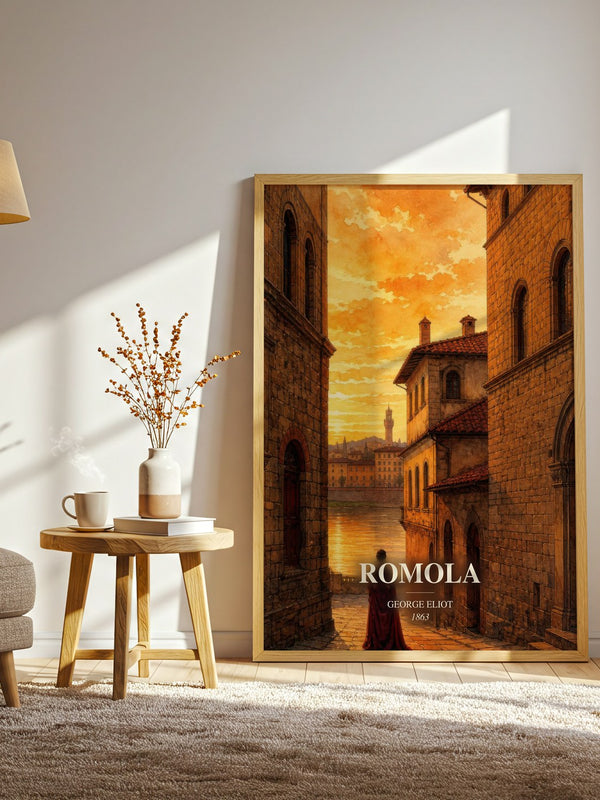 Romola watercolour print in frame leaning in hallway – historical fiction wall art