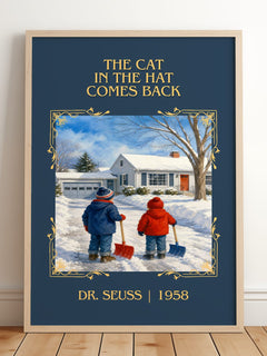 The Cat In The Hat Comes Back Classic Book Art Print by Dr. Seuss – framed print leaning on a wooden floor