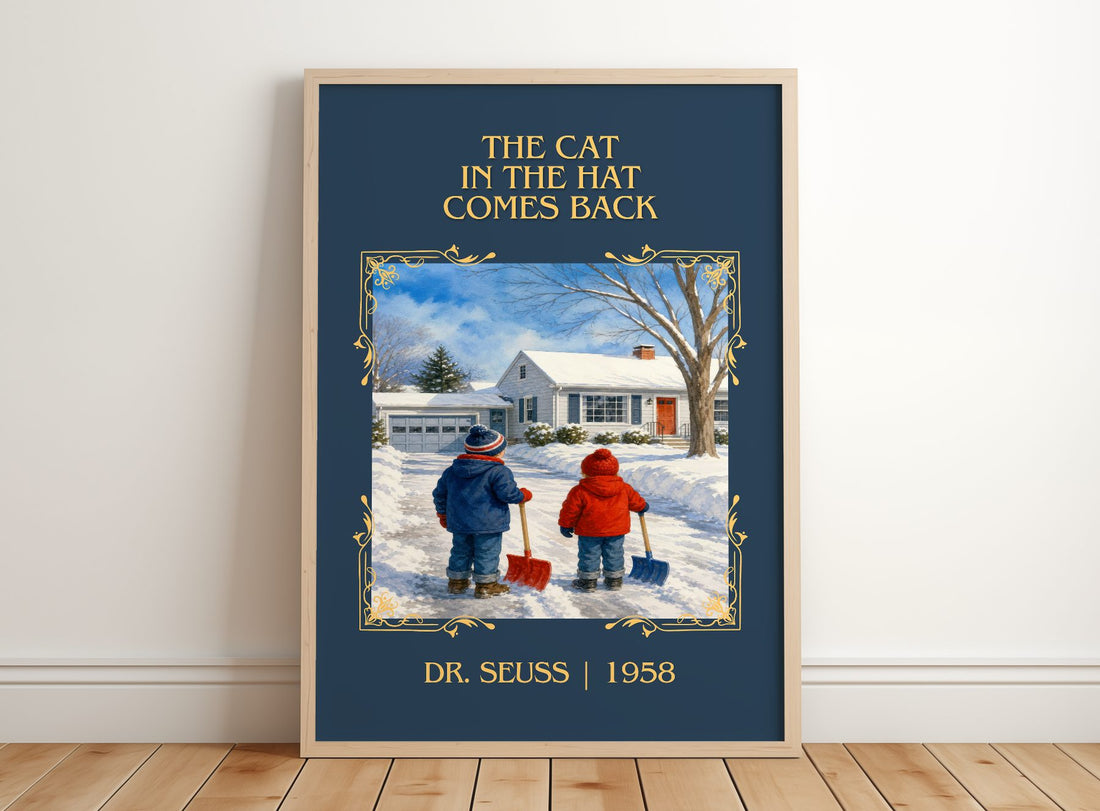The Cat In The Hat Comes Back Classic Book Art Print by Dr. Seuss – framed print leaning on a wooden floor