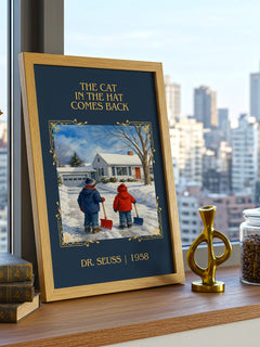 The Cat In The Hat Comes Back Classic Book Art Print by Dr. Seuss – framed print on a city-view windowsill